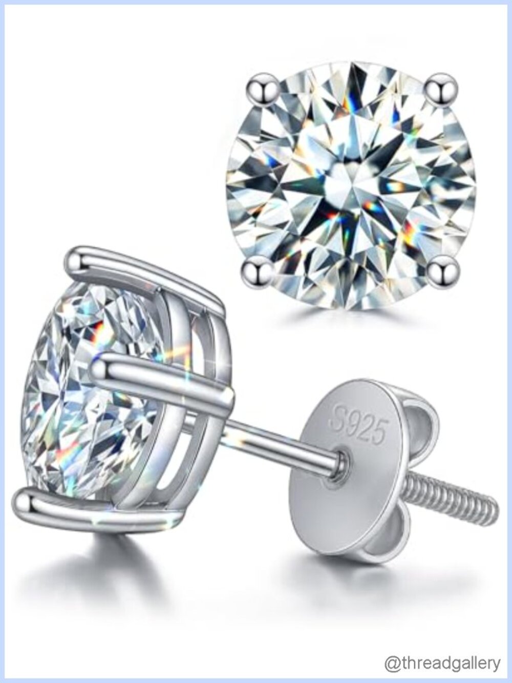 S925 Sterling Silver Moissanite Stud Earrings 18K White Gold Plated Screw Back